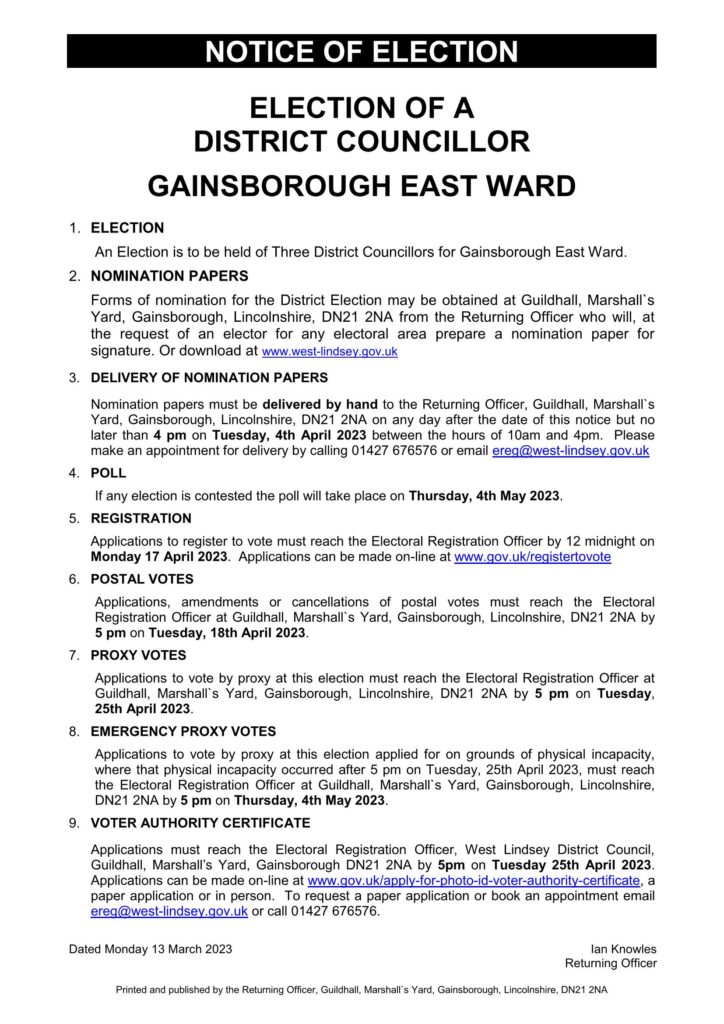 Notice of Election Gainsborough East