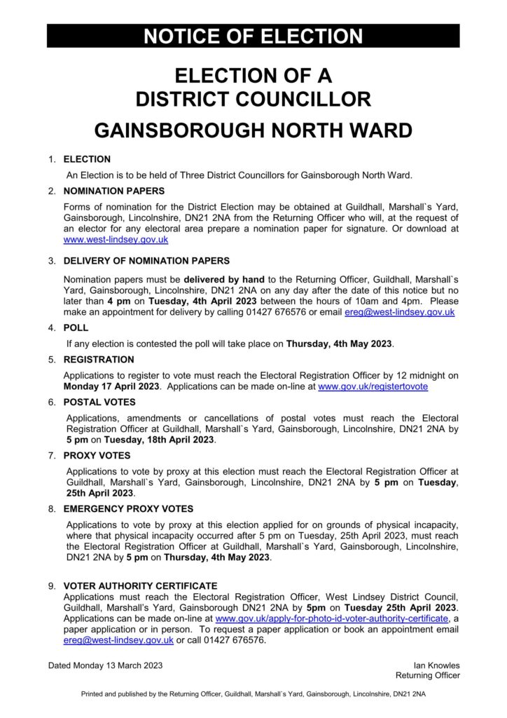 Notice of Election Gainsborough North