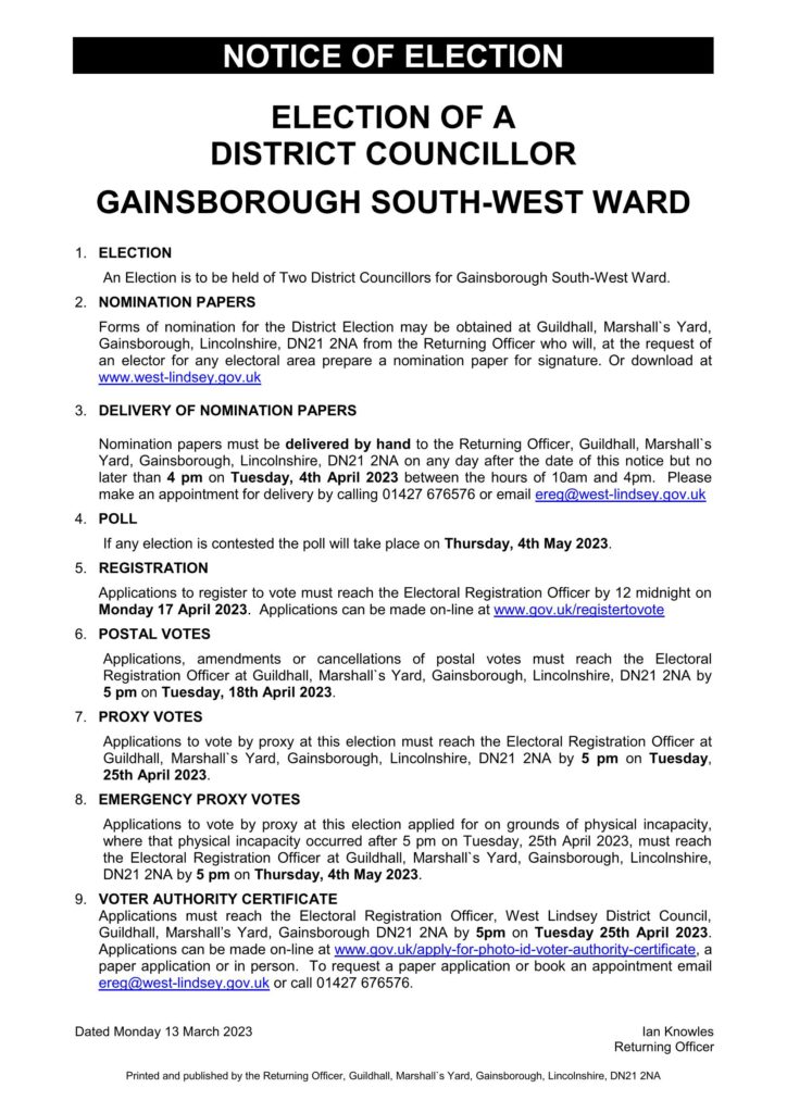 Notice of Election Gainsborough South-West