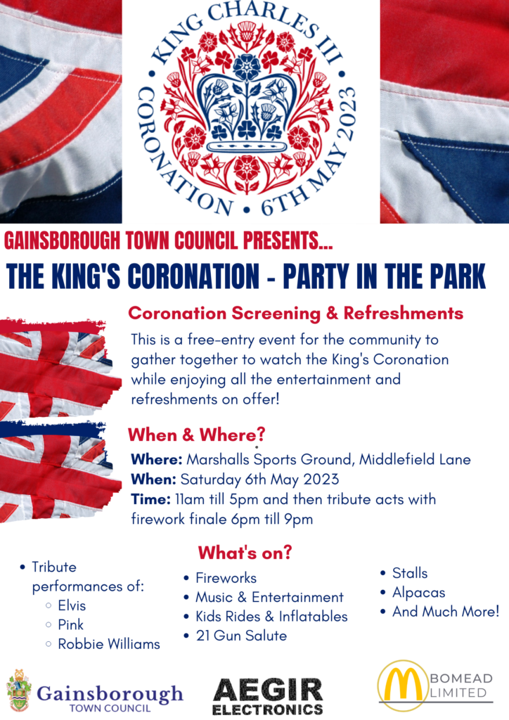 Party in the Park poster for the King's Coronation. Includes details of the event such as what's on, and when and where. 