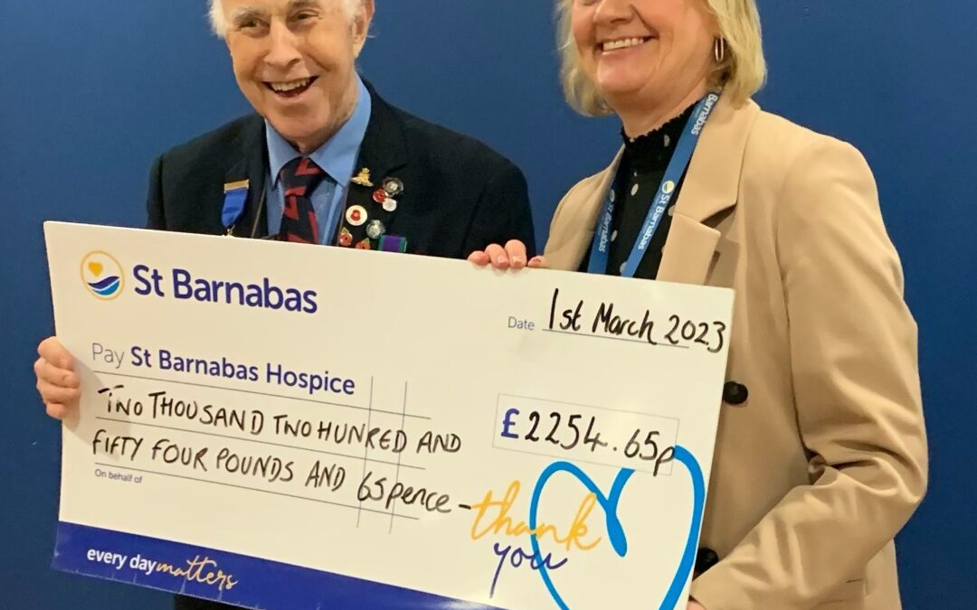 Former Mayor Cllr Panter with St Barnabas Hospice representative holding a cheque.