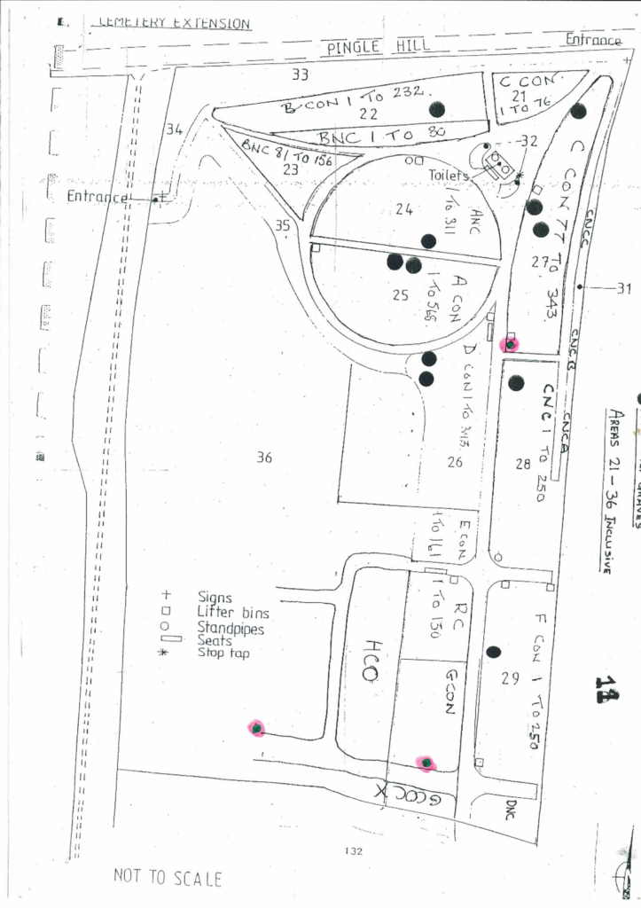 Map of the Gainsborough General Cemetery Extension including highlighted taps circled in pink.
