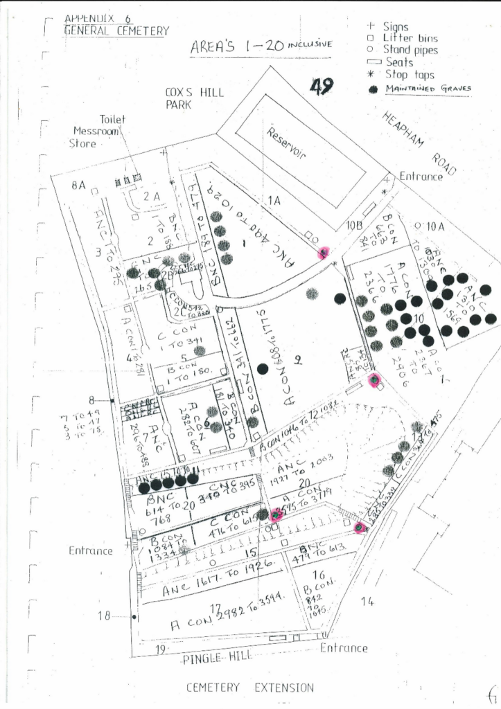 Map of Gainsborough General Cemetery including highlighted taps circled in pink.