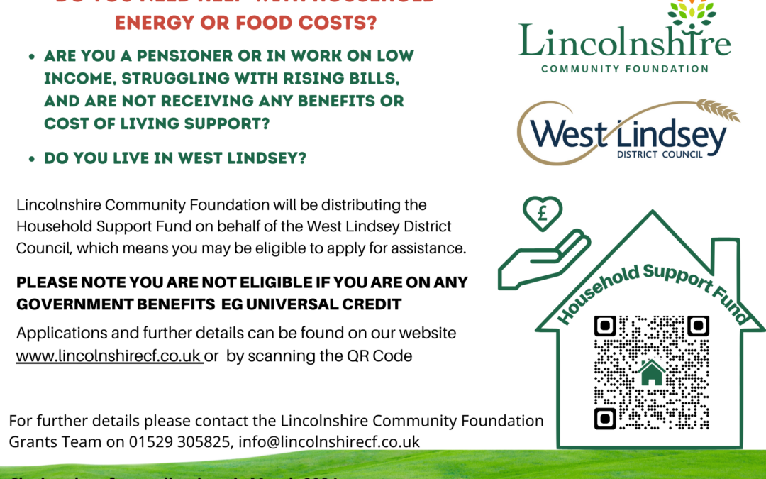 Household Support Fund poster including Lincolnshire Community Foundation + WLDC logo as well as a QR code.