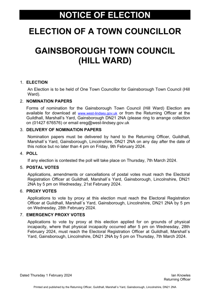Notice of election for Gainsborough Hill Ward