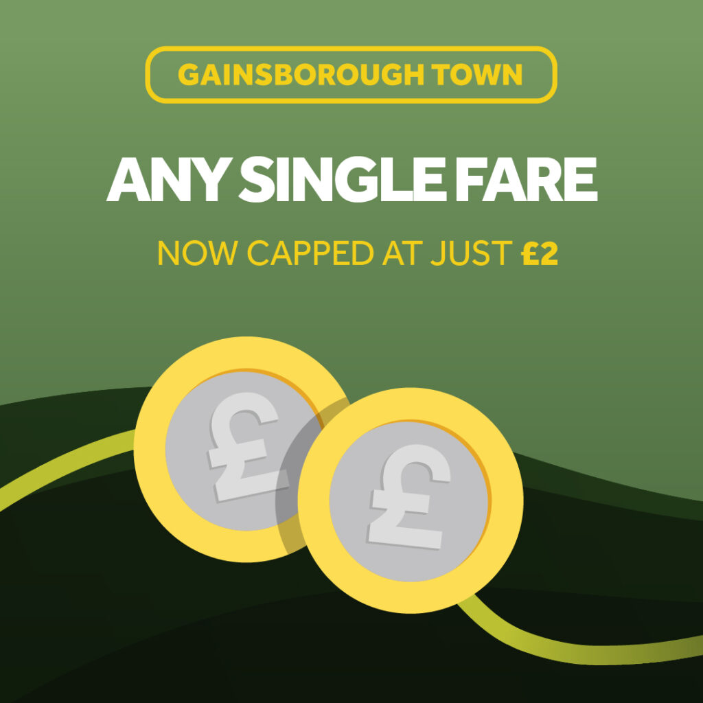 Green poster with 2 pound coins reads: Any Single Fare now capped at just £2