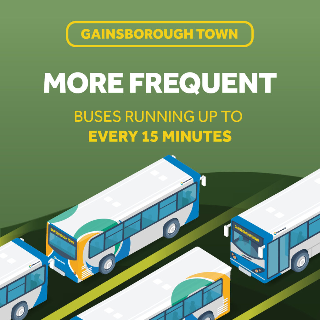 Green poster with buses that reads: More frequent, buses running up to every 15 minutes