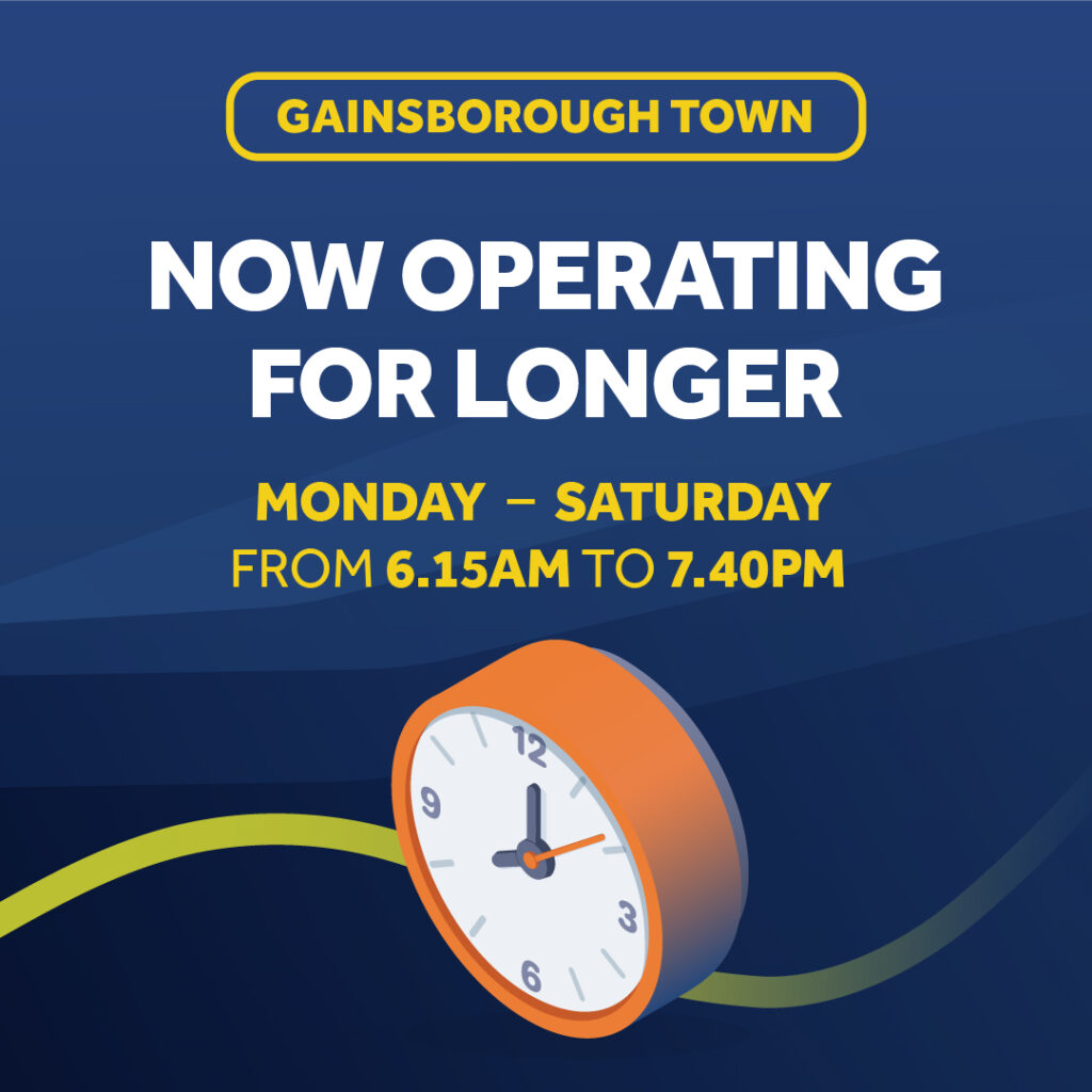 Blue poster with a clock than reads: Now operating for longer. Monday - Saturday from 6:15am to 7:40pm 