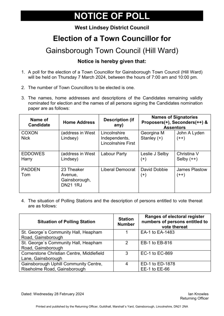 Notice of Poll for election of a Town Councillor for Gainsborough Hill Ward