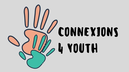 Connexions 4 Youth logo - 2 hands, one larger pink handprint and one smaller green handprint