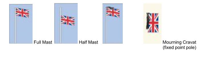 Images showing the flag flown at full mast, half mast and the mourning cravat (fixed point pole). 
