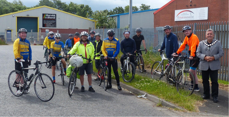 Group of cyclists stood with the Mayor of Gainsborough Cllr Kenneth Woolley.