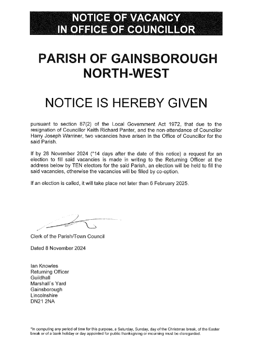 Notice of Vacancy in Office of Councillor