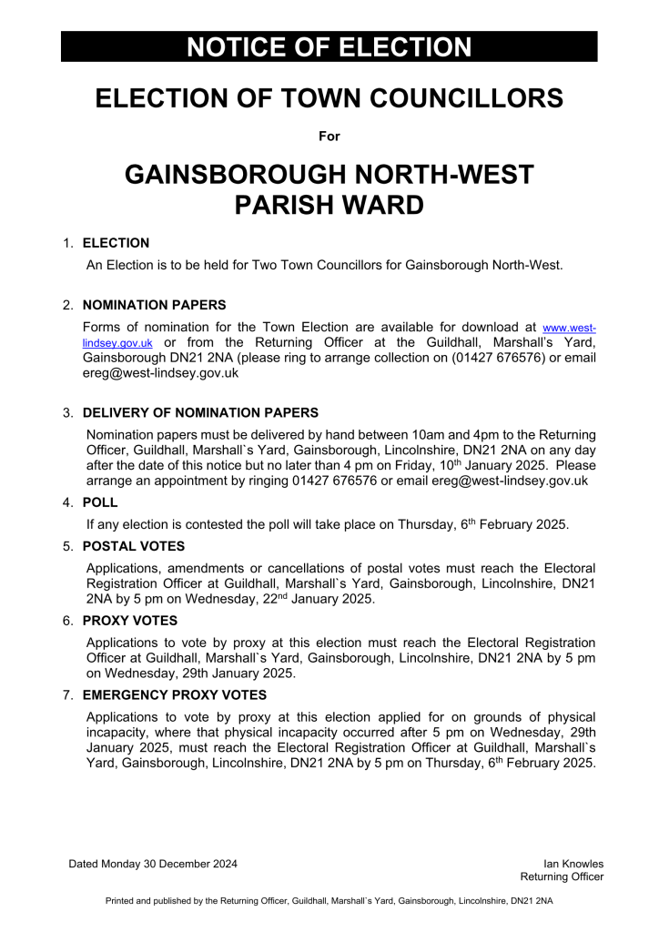 Notice of Election for Town Councillors in the Gainsborough North-West Parish Ward