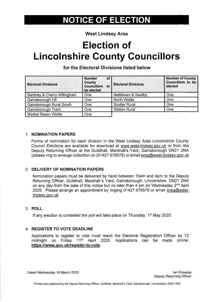 Notice of Election of Lincolnshire County Councillors 