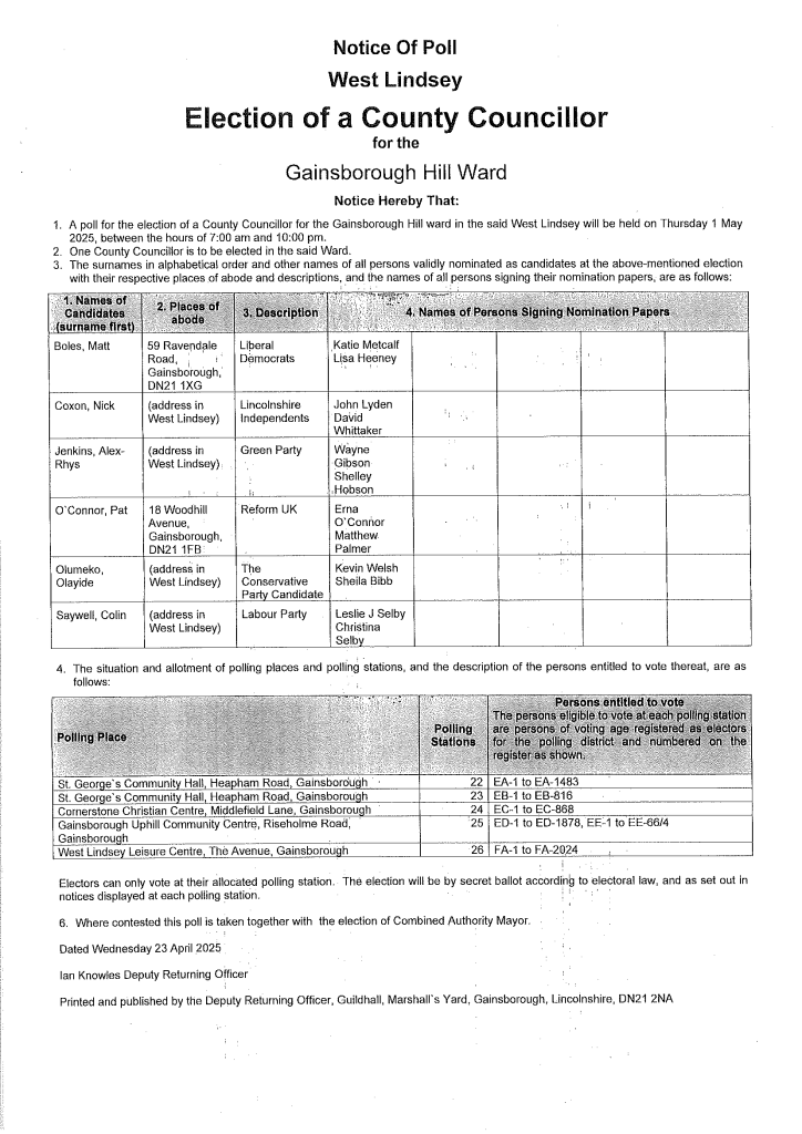 Notice of Poll for Election of a County Councillor for the Gainsborough Hill Ward